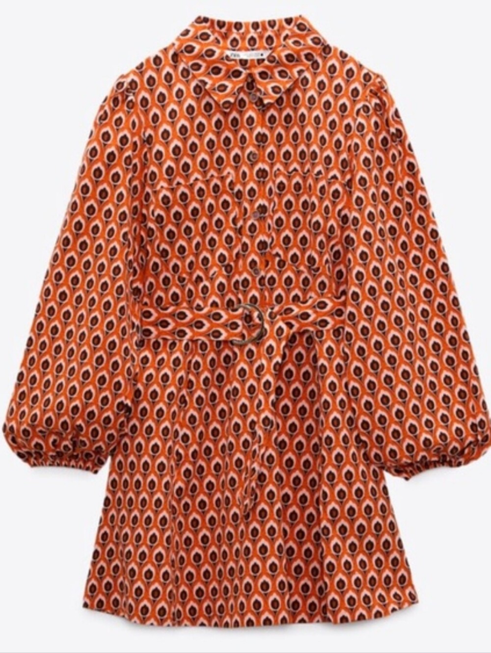 ZARA ✨️ Orange Geometric Print Cotton Long-Sleeve Mini Dress Size L